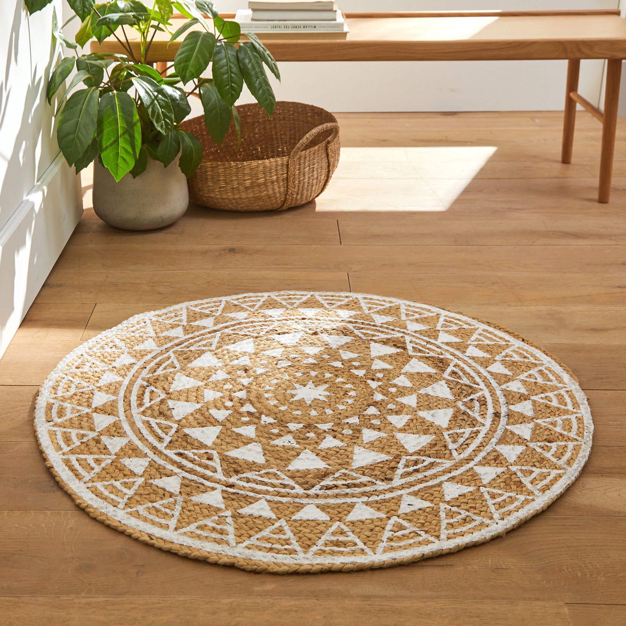 Tapis rond en jute imprimé blanc