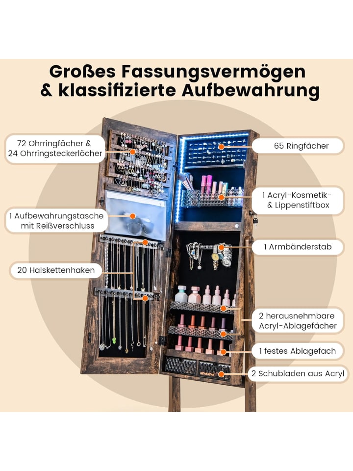 COSTWAY Schmuckschrank mit LED in Hellbraun günstig kaufen onesize