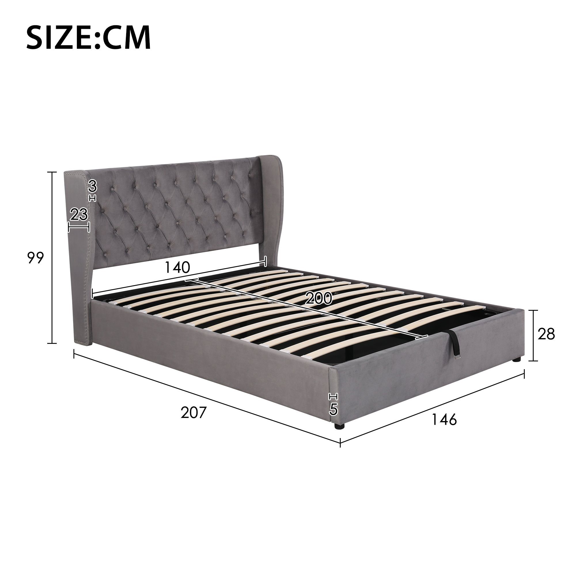 OKWISH Polsterbett Doppelbett Stauraumbett, Kiefernholz Flanell 140*200cm Ohne Matratze