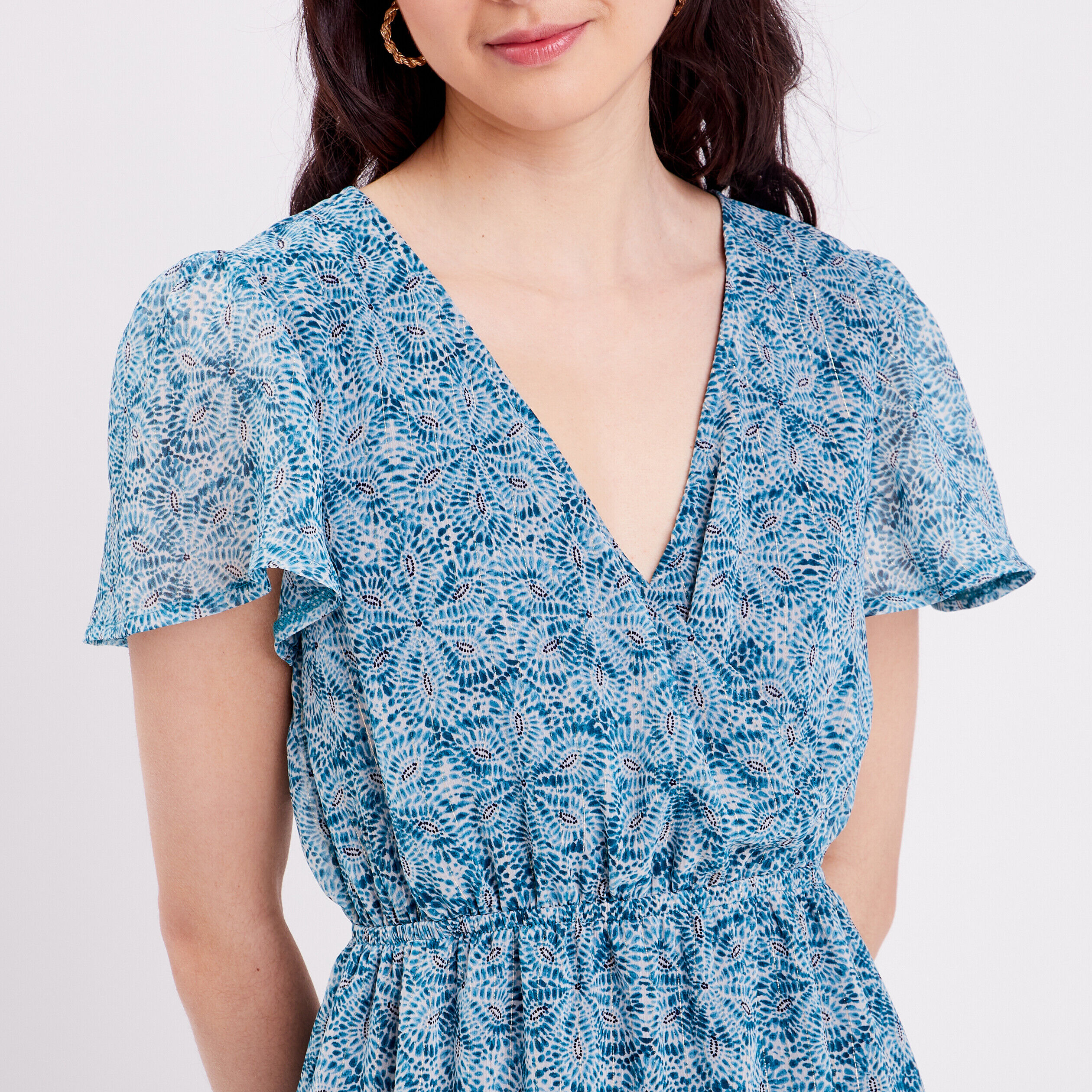 Robe évasée col cache-coeur bleu femme | Cache Cache