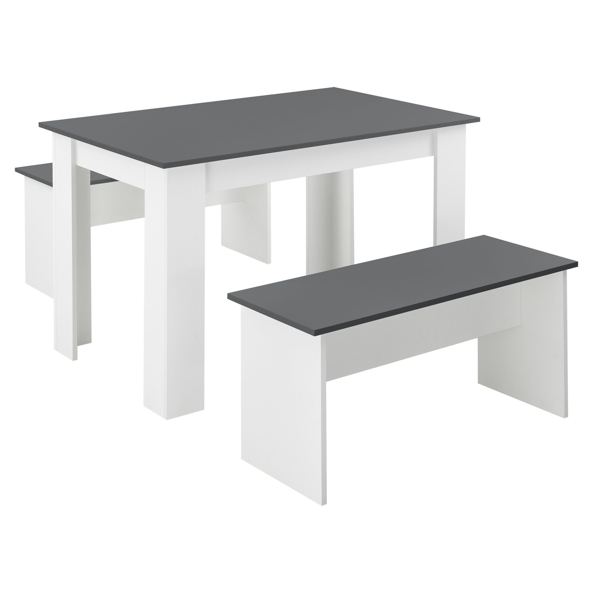 en.casa Essgruppe, (3-tlg), Hokksund Sitzgruppe Esstisch 110x70cm mit 2 Sitzbänken Weiß / Grau