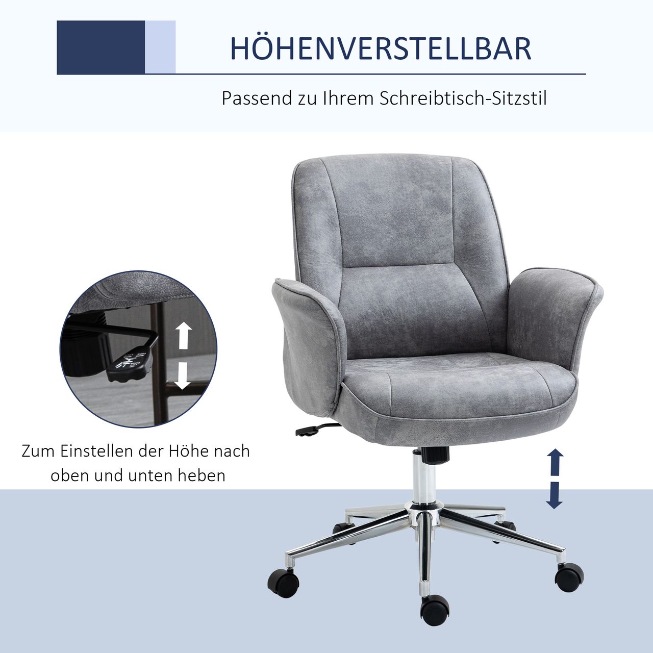 HOMCOM Bürostuhl Schreibtischstuhl Drehstuhl Home-Office-Stuhl mit Wippenfunktion höhenverstellbarer ergonomisch 360°-Drehräder modern schick Mikrofaser Schaumstoff Hellgrau 67x69x102 cm
