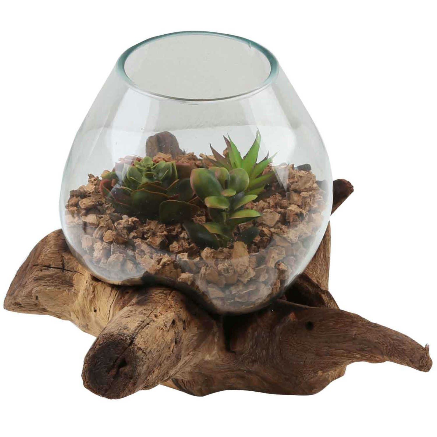 Casa Moro Dekovase Glasvase auf Wurzelholz aus Recycling Glas Ø 20cm & Teak Wurzel (einzigartige Glas Vase auf Wurzel Holz, Couchtisch Esszimmer Wohn Tisch Deko), Kunsthandwerk Pur - Jede Vase ist garantiert ein Unikat