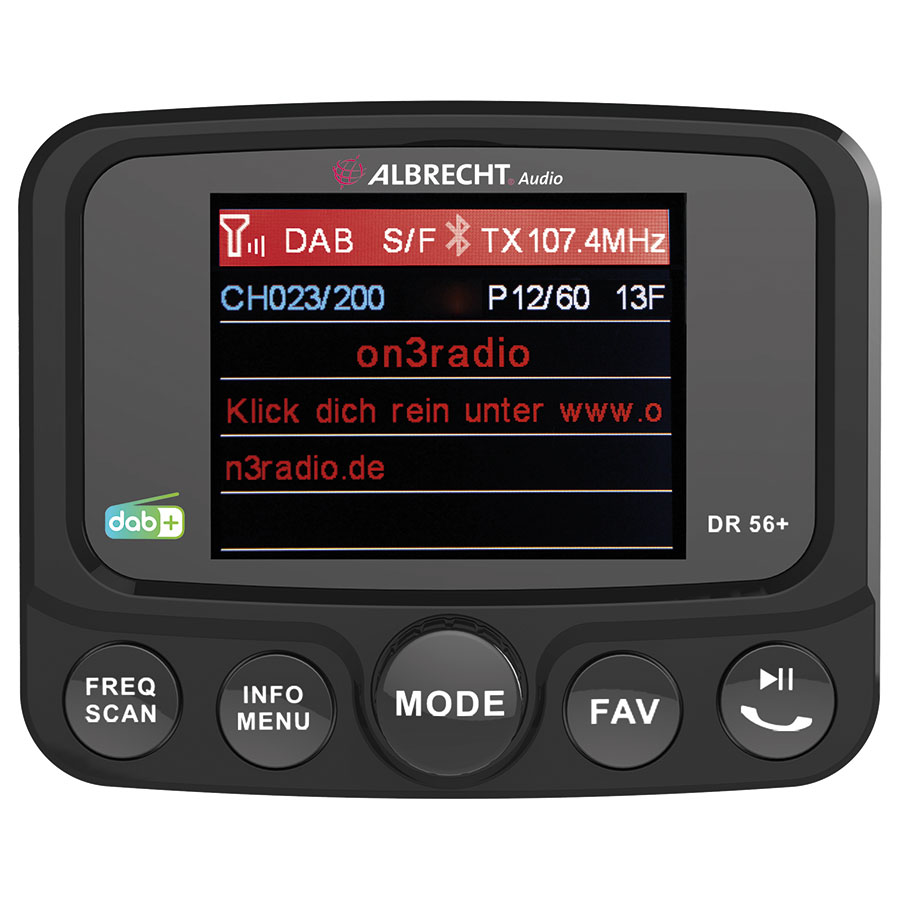 Albrecht DR 56+ Digitalradio Adapter mit DAB/DAB+, Bluetooth Musikwiedergabe/Freisprechfunktion, SD-Player, AUX-In/Out, USB-Ladefunktion, 2,4 Zoll TFT Farbdisplay und Saugnapfhalterung - ATU