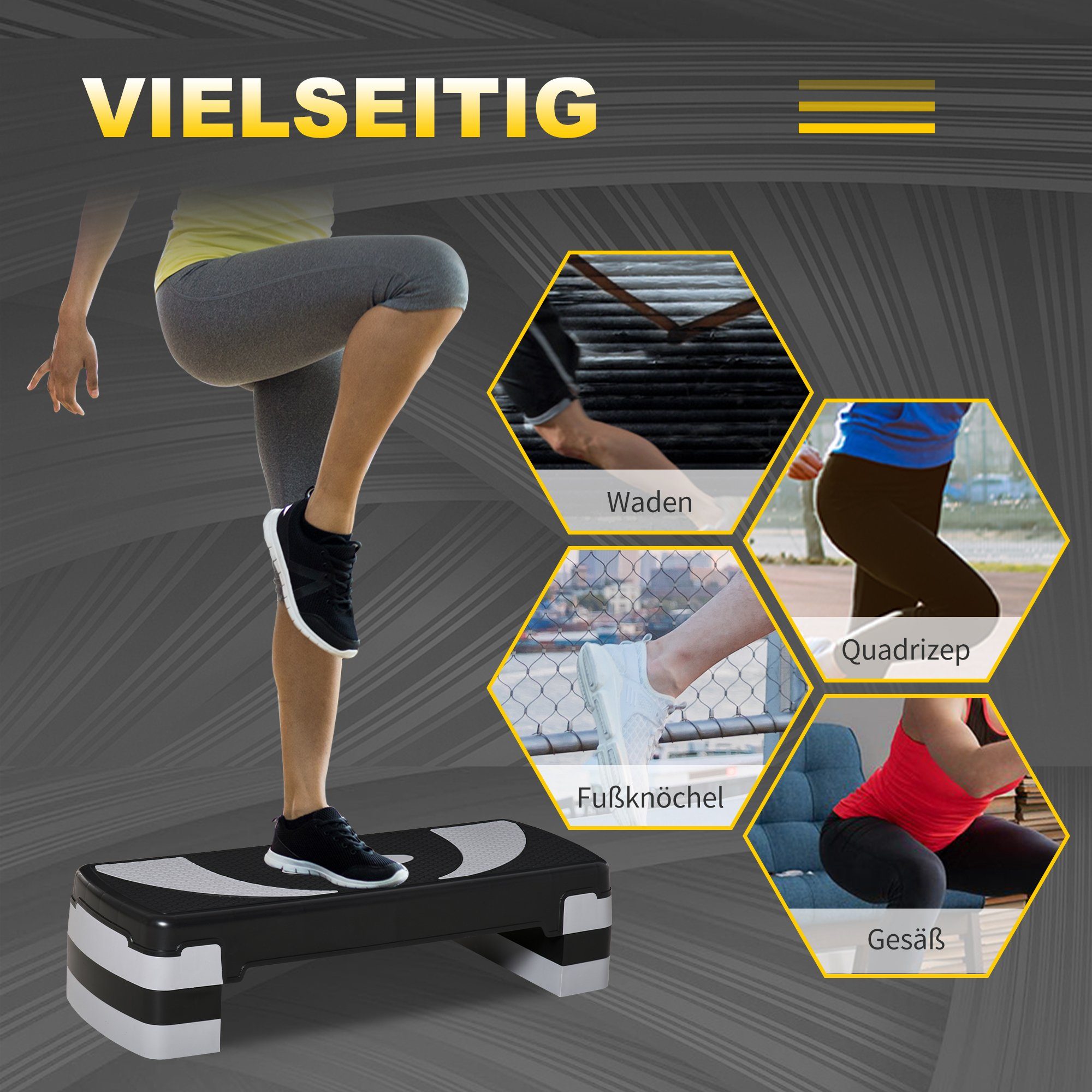 HOMCOM Stepper Steppbrett höhenverstellbar mit 3 Stufen Belastbarkeit bis 150 kg (Set, 1-tlg., 1 x Aerobic-Stepper), 80L x 31B x 20H cm