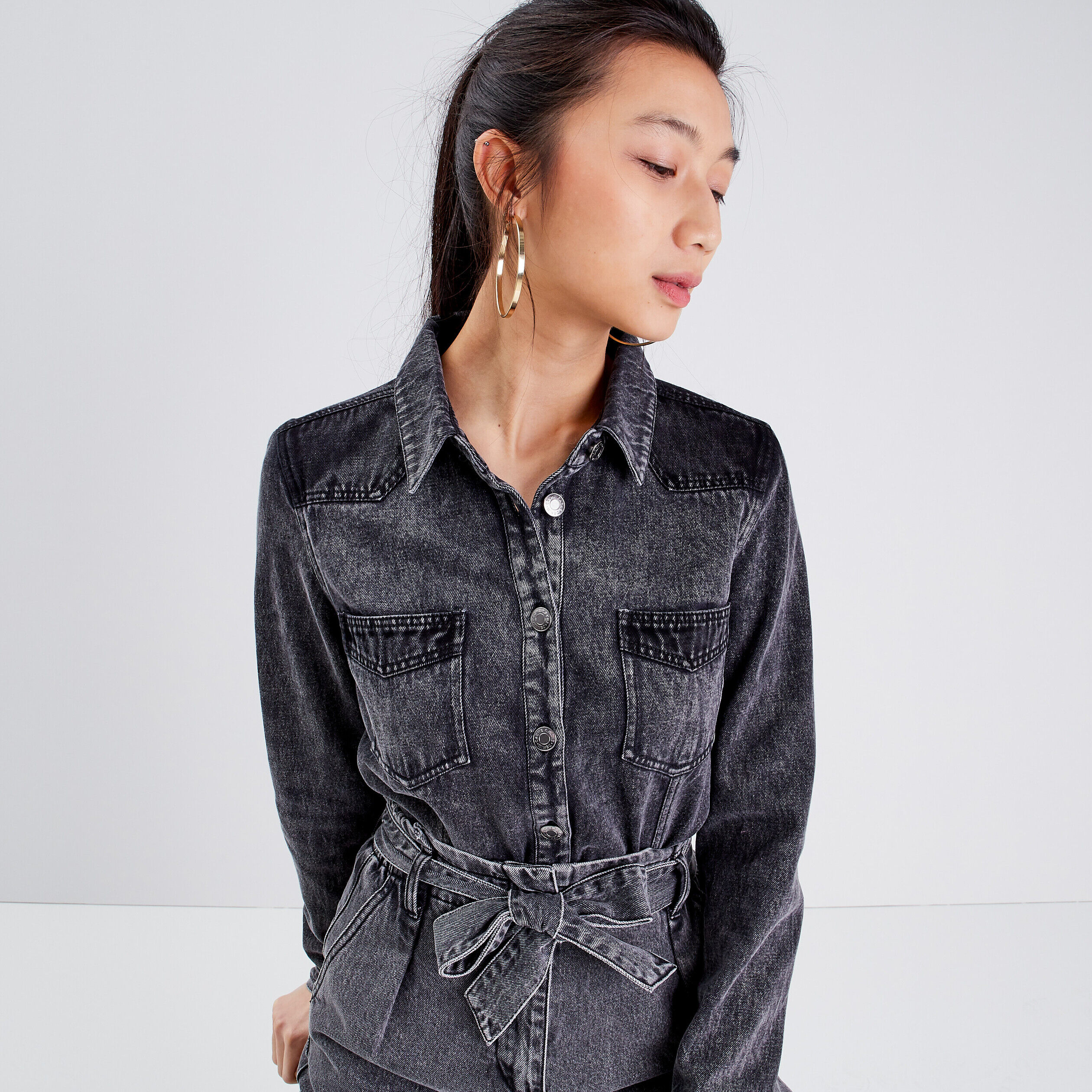Chemise manches longues denim gris femme | Cache Cache