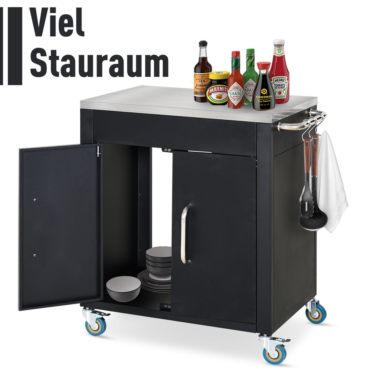 HOMCOM Küchenwagen mit Rollen, Servierwagen, Küchentrolley mit Schrank, Haken und Edelstahlgriffe, Rollwagen, Küchenhilfe, Schwarz, 86 x 50 x 86,5 cm