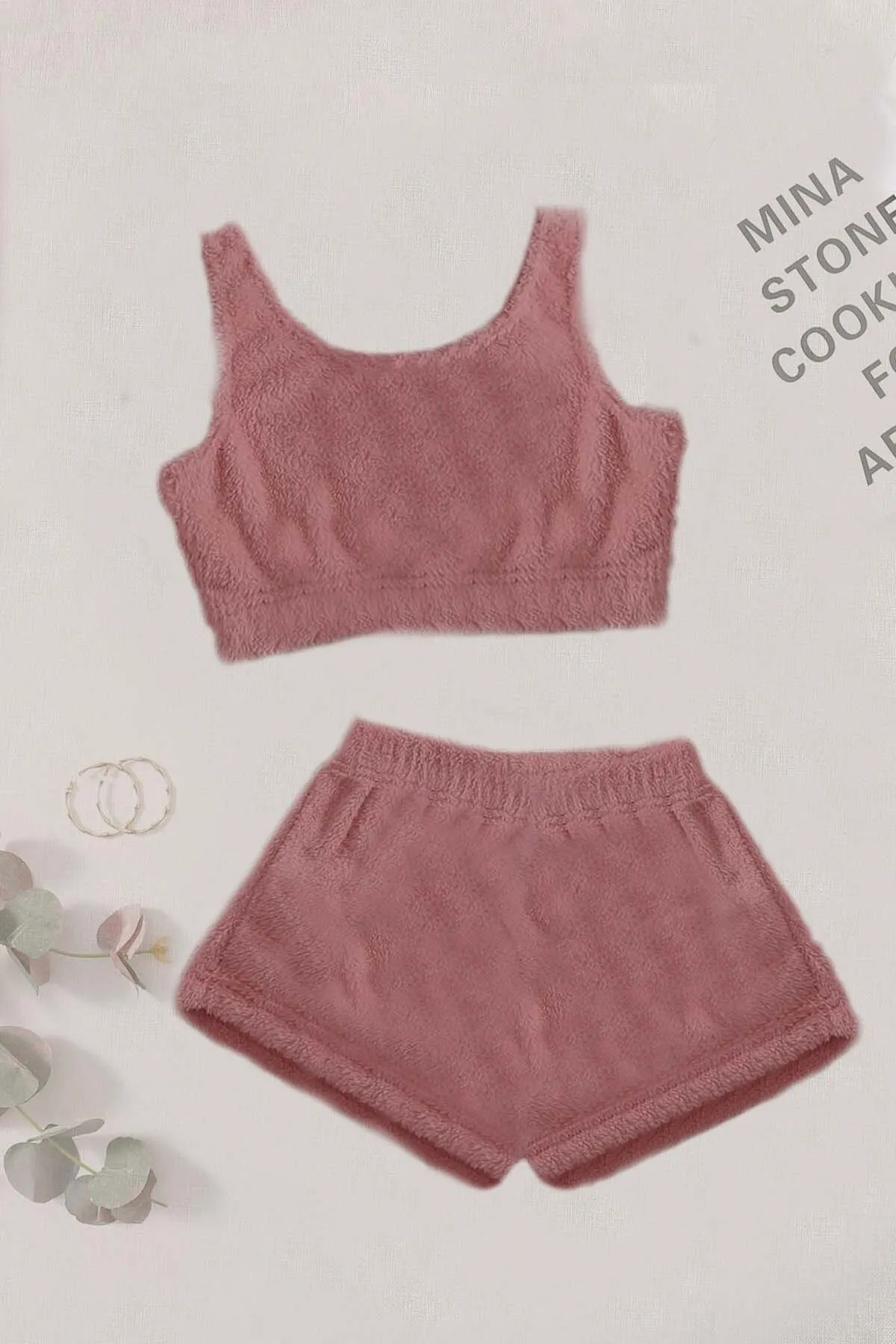 Merry See  Einfarbiges 1-Set-Pyjama-Set mit ärmellosen Trägern aus Plüsch-Fleece unten und oben mit Shorts