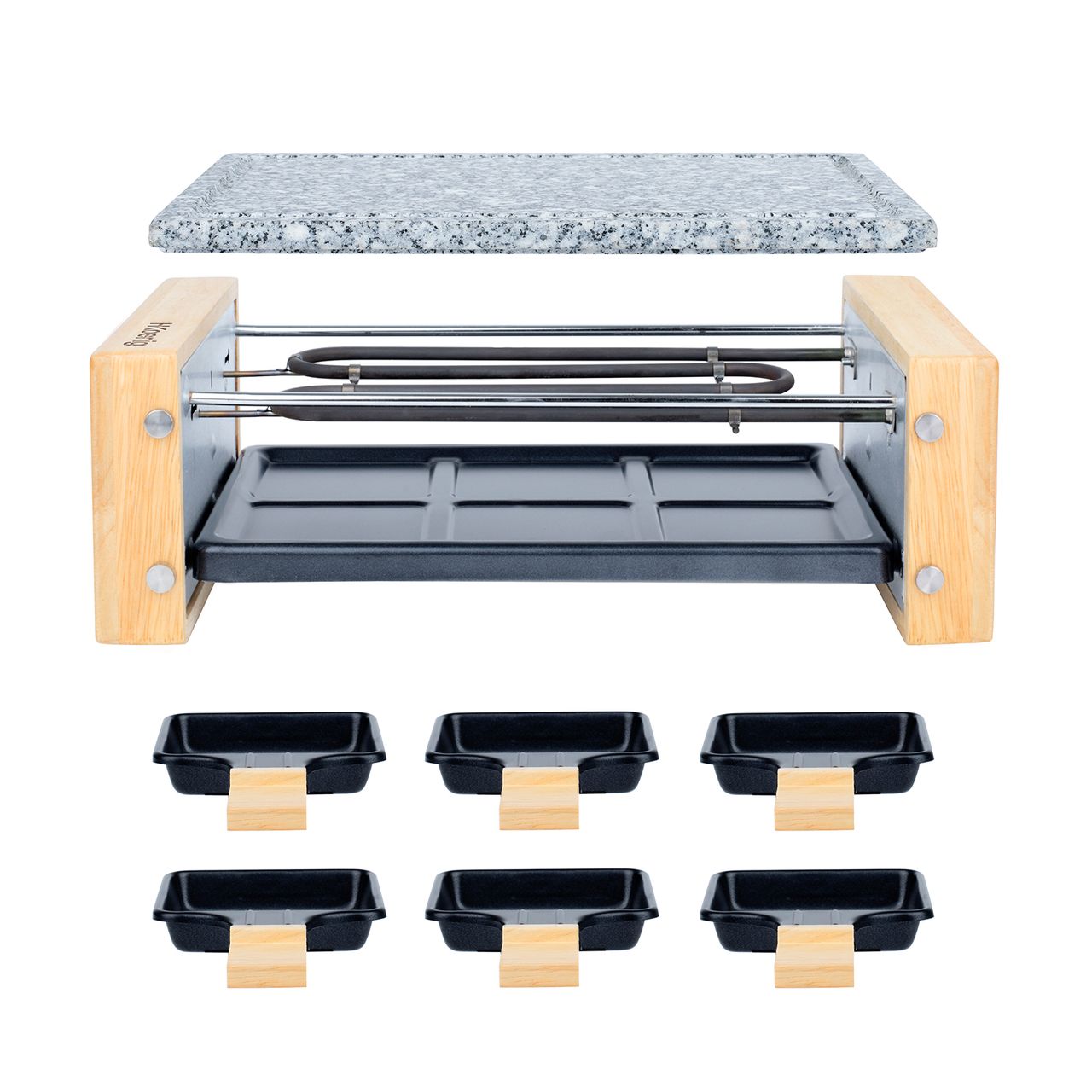 H.Koenig Raclettegerät WOD6 für 6 Personen, professionell, 900 W, Käseschaber, Fondue, Naturstein, Granitstein, abnehmbare Platte, Zubehör 6 Pfännchen & 6 Holzspatel, 900 W