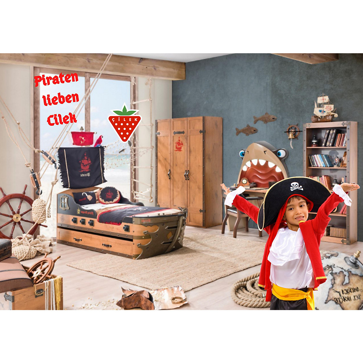 Kinderzimmer 2-teilig mit Piratenbett in Schiffsform inkl. Ausziehbett