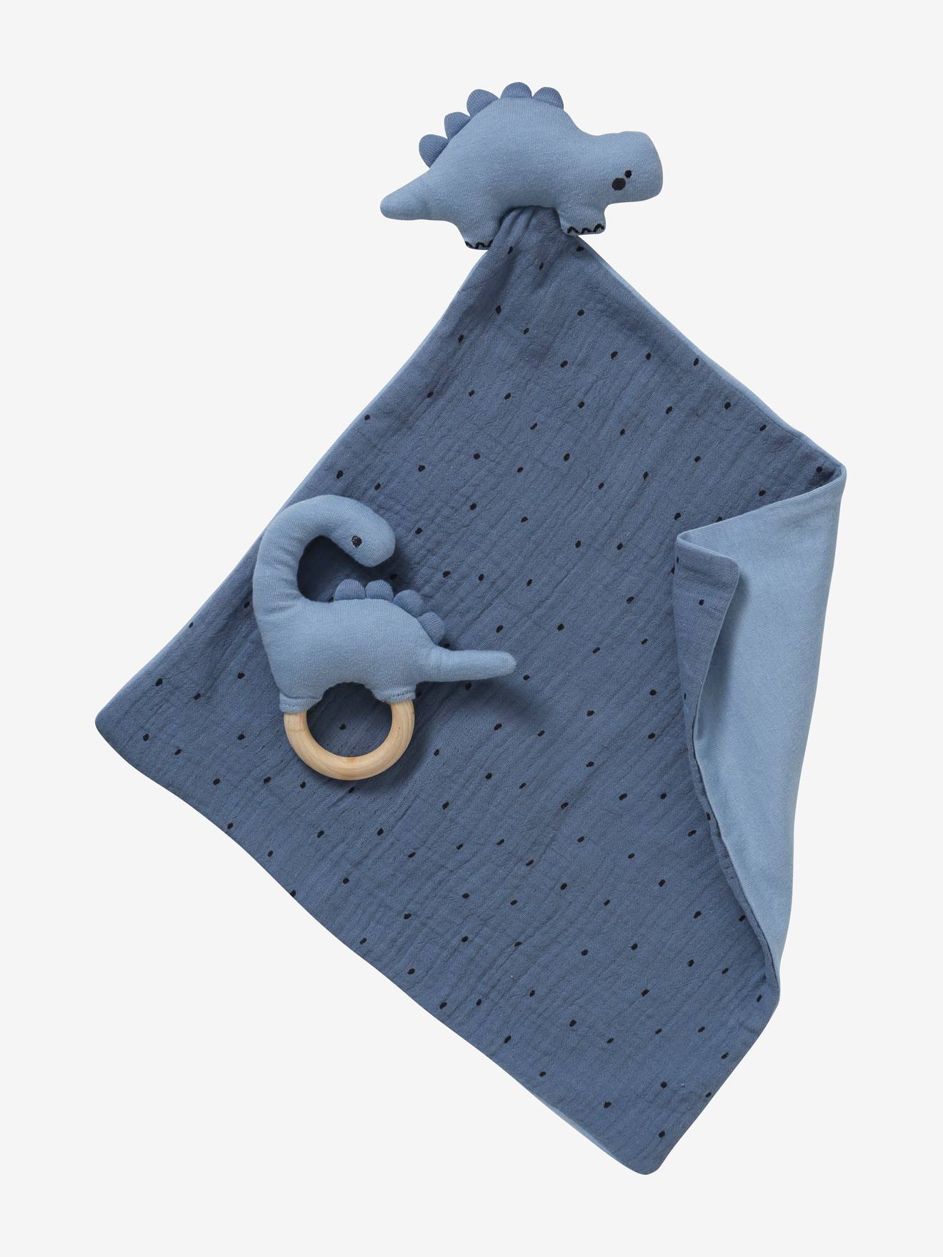 Doudou en gaze de coton + hochet en bois PETIT DINO multicolore