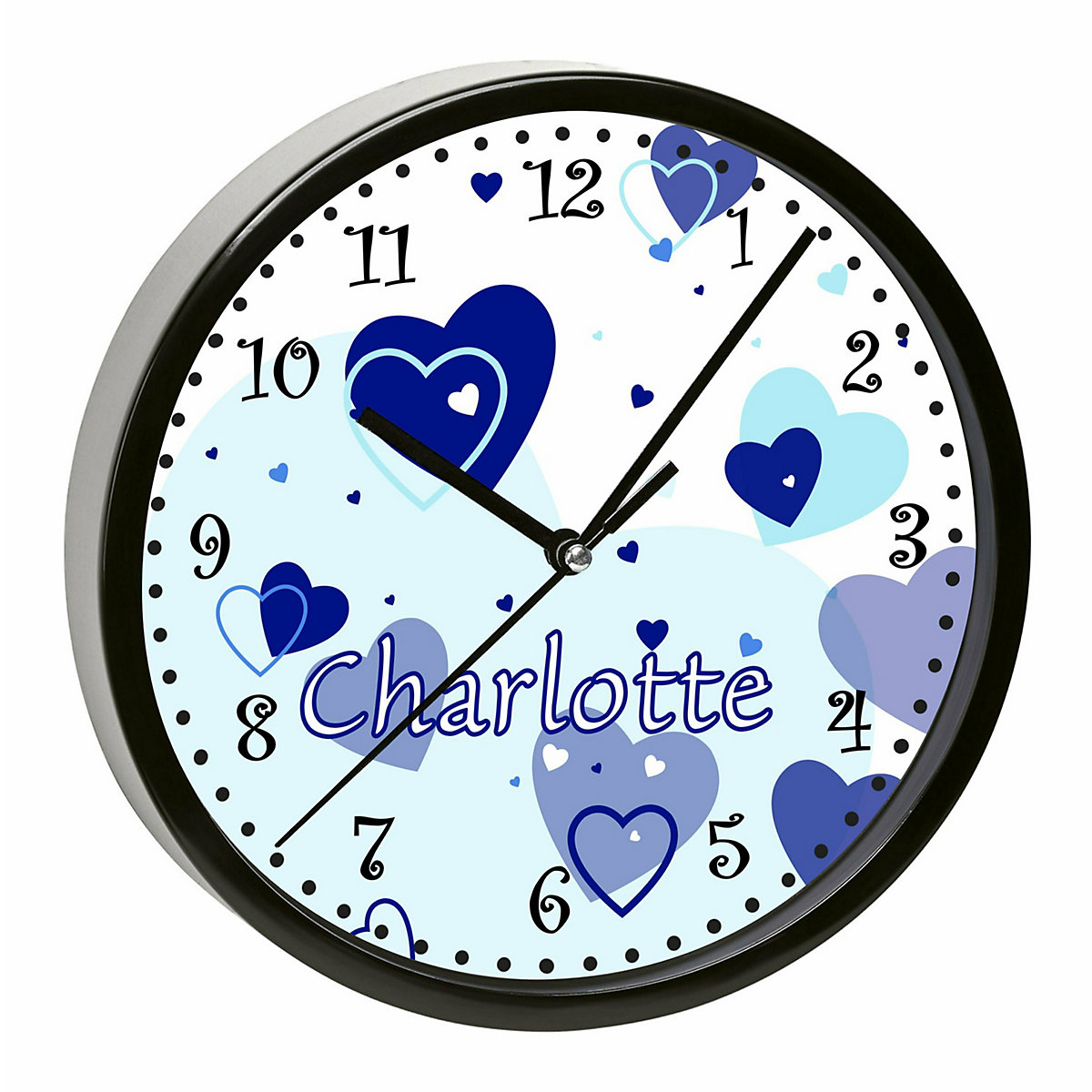 Kinder Wanduhr personalisiert mit Name Herz Blau
