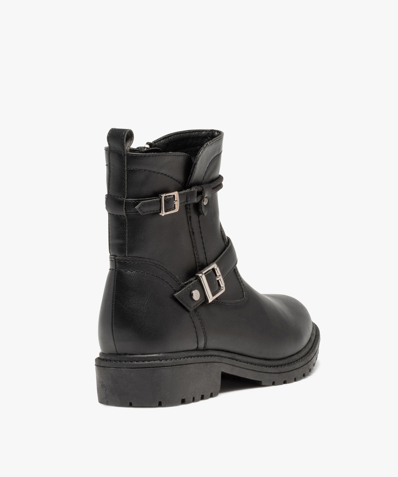 Boots femme unies à brides décoratives et talon large noir | GEMO