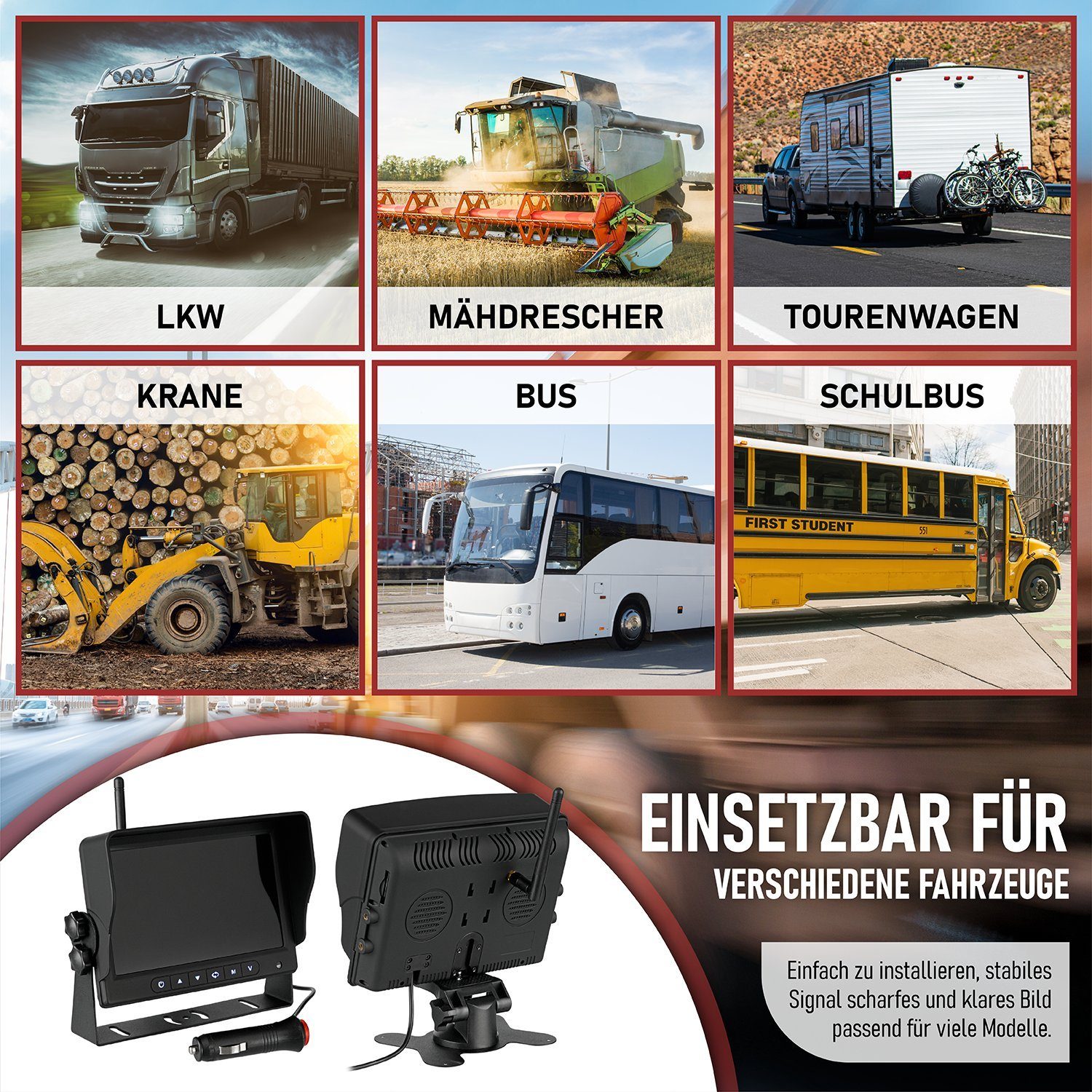 CARMATRIX BDW-710C+1 Rückfahrkamera (Video Funk Rückfahrsystem Digital Auto LKW Wohnmobil Monitor 24V, Split, Quad, Aufnahmefunktion, Mikrofon, Distanzlabel, IPS Monitor)