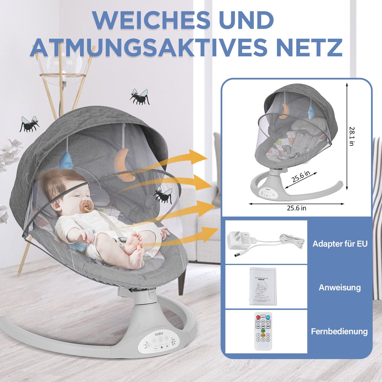 ECSEE Babyschaukel elektrische Babywippe 5 Gang einstellbar, mit Moskitonetz, Musik & Timer max. 9kg