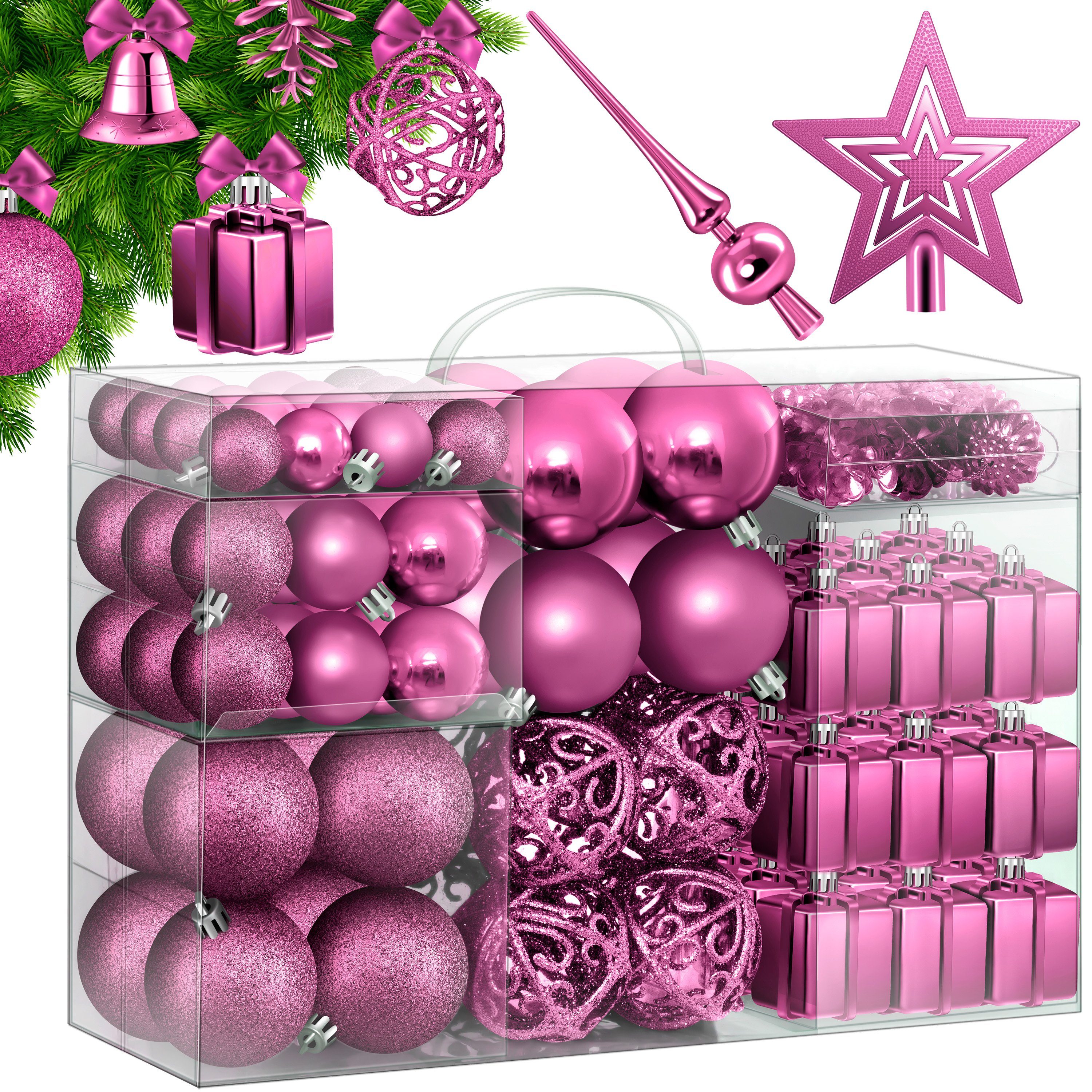 KESSER Christbaumschmuck (102-tlg), Weihnachtskugeln 102-teiliges Set Baumspitze Christbaumkugeln
