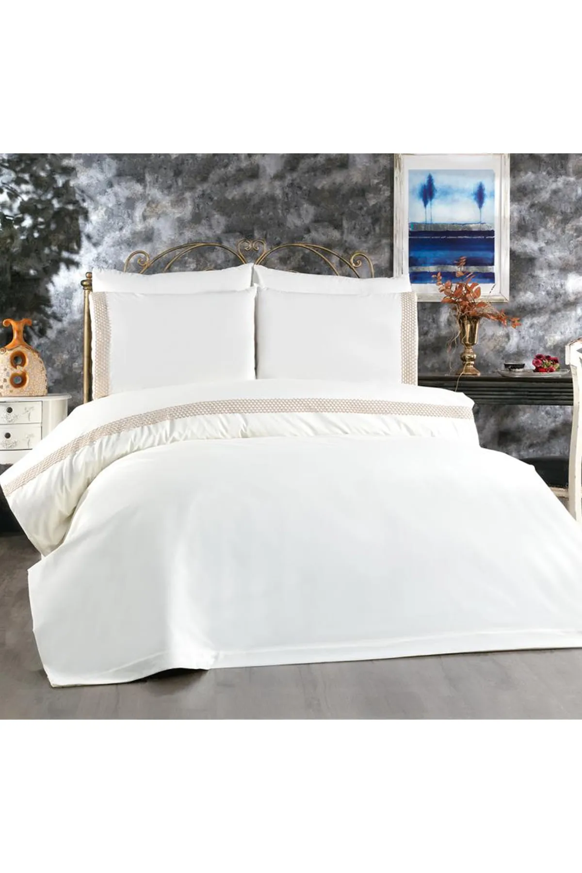 Çeyiz Diyarı  Tomira Lace 6-teiliges Doppelbett-Bettbezug-Set, Cremebeige