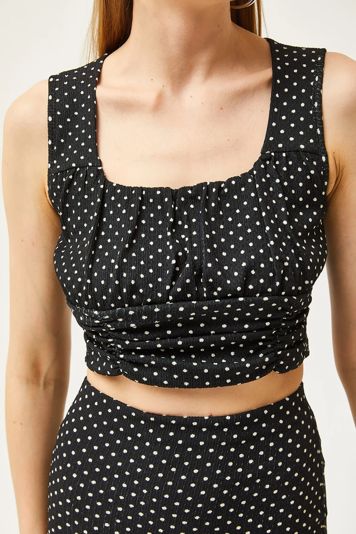 Olalook  Damen Schwarz Polka Dot Top Bluse Unterteil Rock Gestrickt Unterteil Top Set TKM-19000281