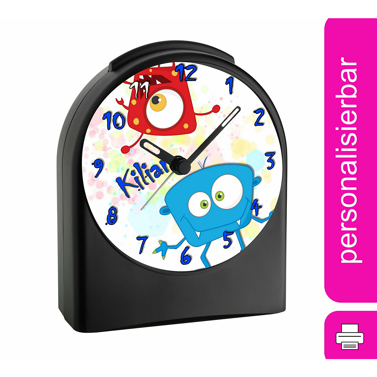 Kinder Funkwecker personalisiert mit Namen Monster Atom-/Funkuhr, 12-Stunden-Anzeigeformat, Schlummerfunktion, Nachtlicht, Geräuschlos/Ohne Ticken