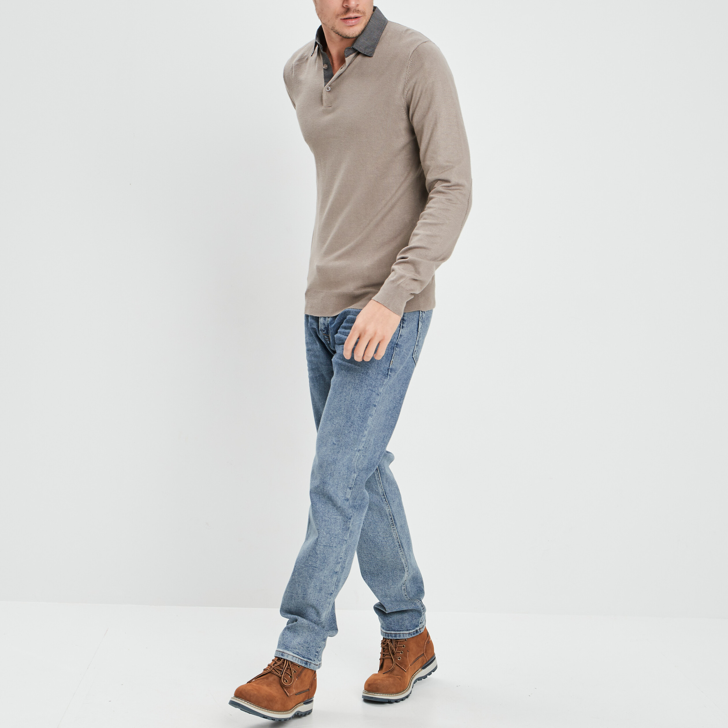 Pull avec col polo taupe homme | La Halle