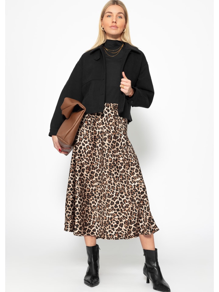SASSYCLASSY Midi Rock mit Leo-Print in Schwarz, Braun, Beige günstig kaufen
