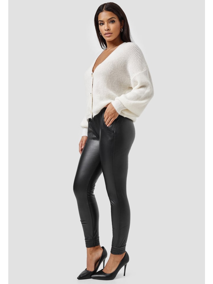Newplay Leder Optik Stretch Hose Beschichtet Coated Jogger Pants Gefüttert in Schwarz günstig kaufen