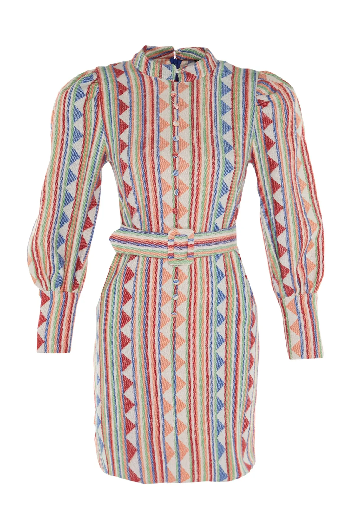 Trendyol Collection  Mehrfarbiges, gewebtes Kleid mit Ballonärmeln und Gürtel TWOAW22EL0741
