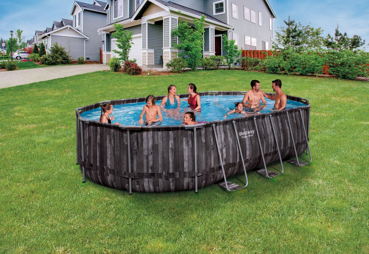 Bestway Power Steel™ Frame Pool Komplett-Set mit Filterpumpe, Holz-Optik (Mooreiche), oval 610 x 366 x 122 cm