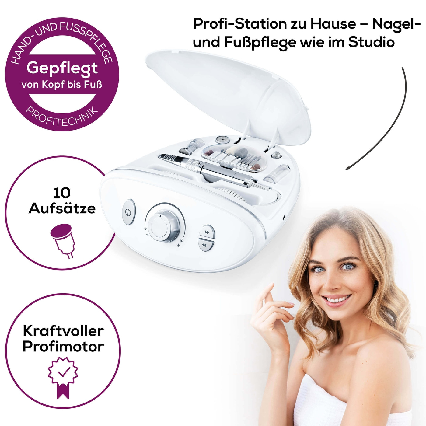 Beurer Maniküre-/Pedikürestation MP 100-Professioneller Nagelfräser stufenlos regelbar mit 10 Aufsätzen