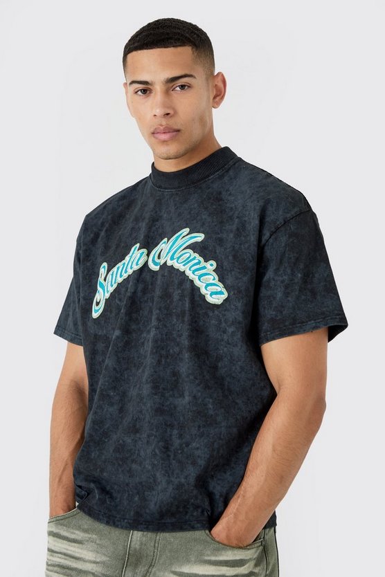 T-Shirt mit Acid-Waschung und Santa Monica Print