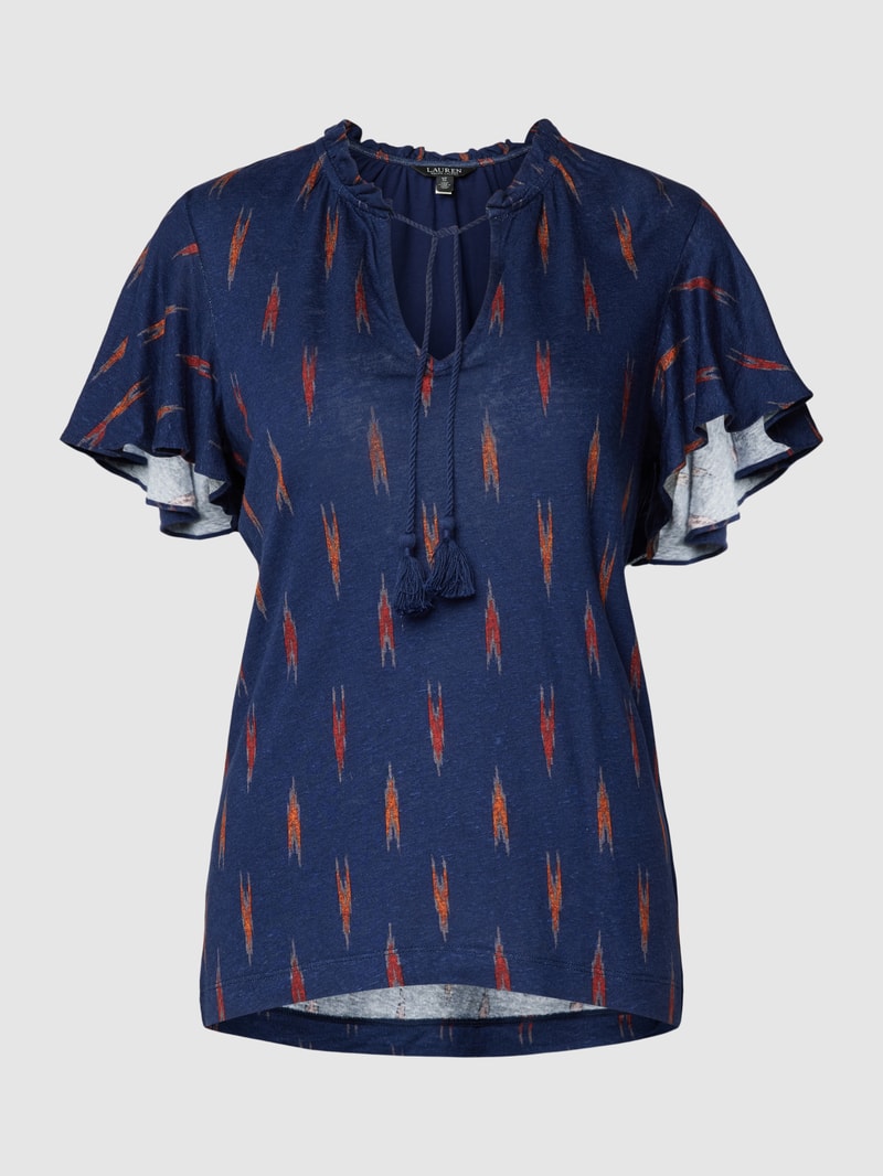 Bluse aus Leinen-Mix mit Allover-Muster Modell 'YOHANNIS' in marineblau