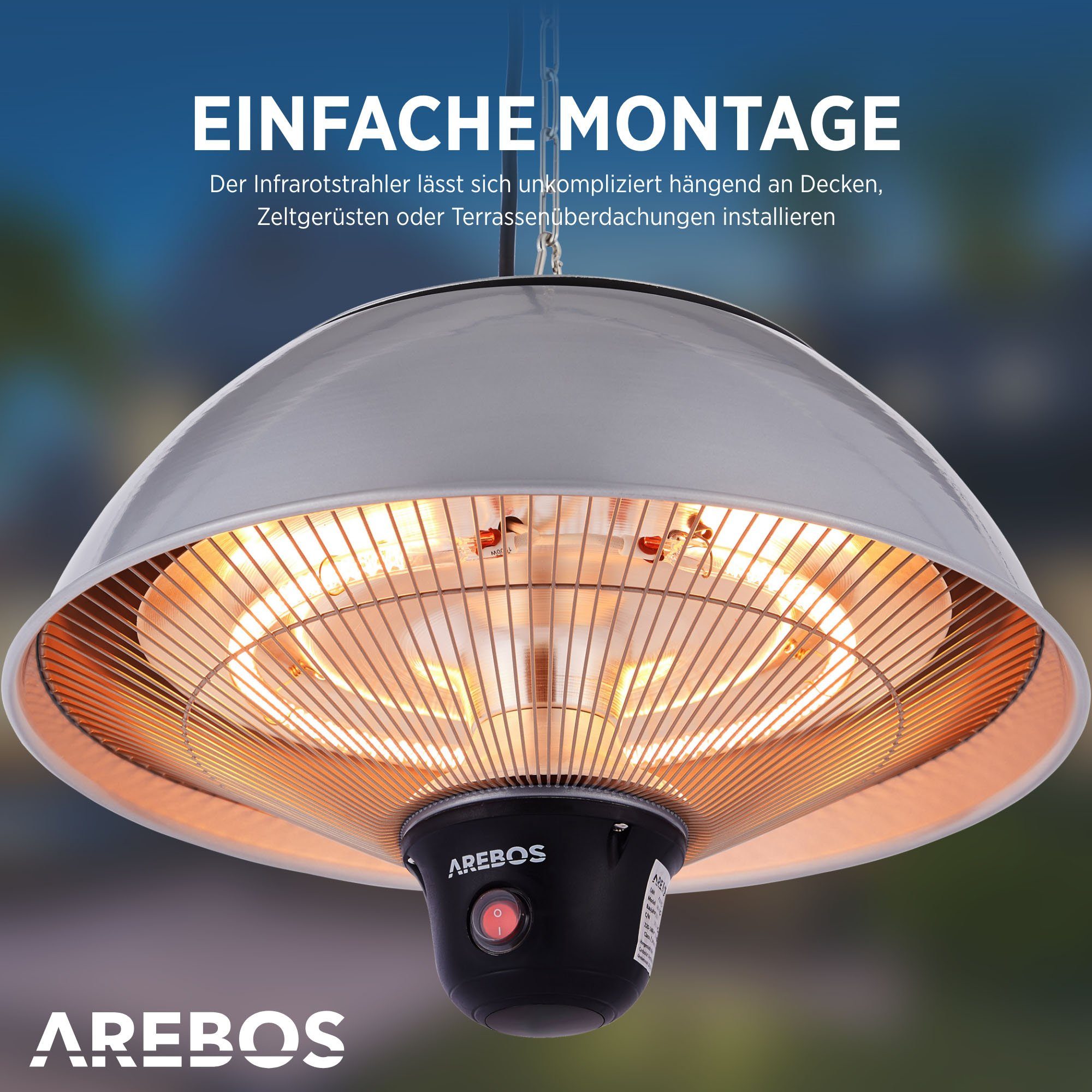 Arebos Heizstrahler Decken-Heizstrahler, Balkonheizer, 3 Heizstufen 500/1000/1500 W, Deckenstrahler