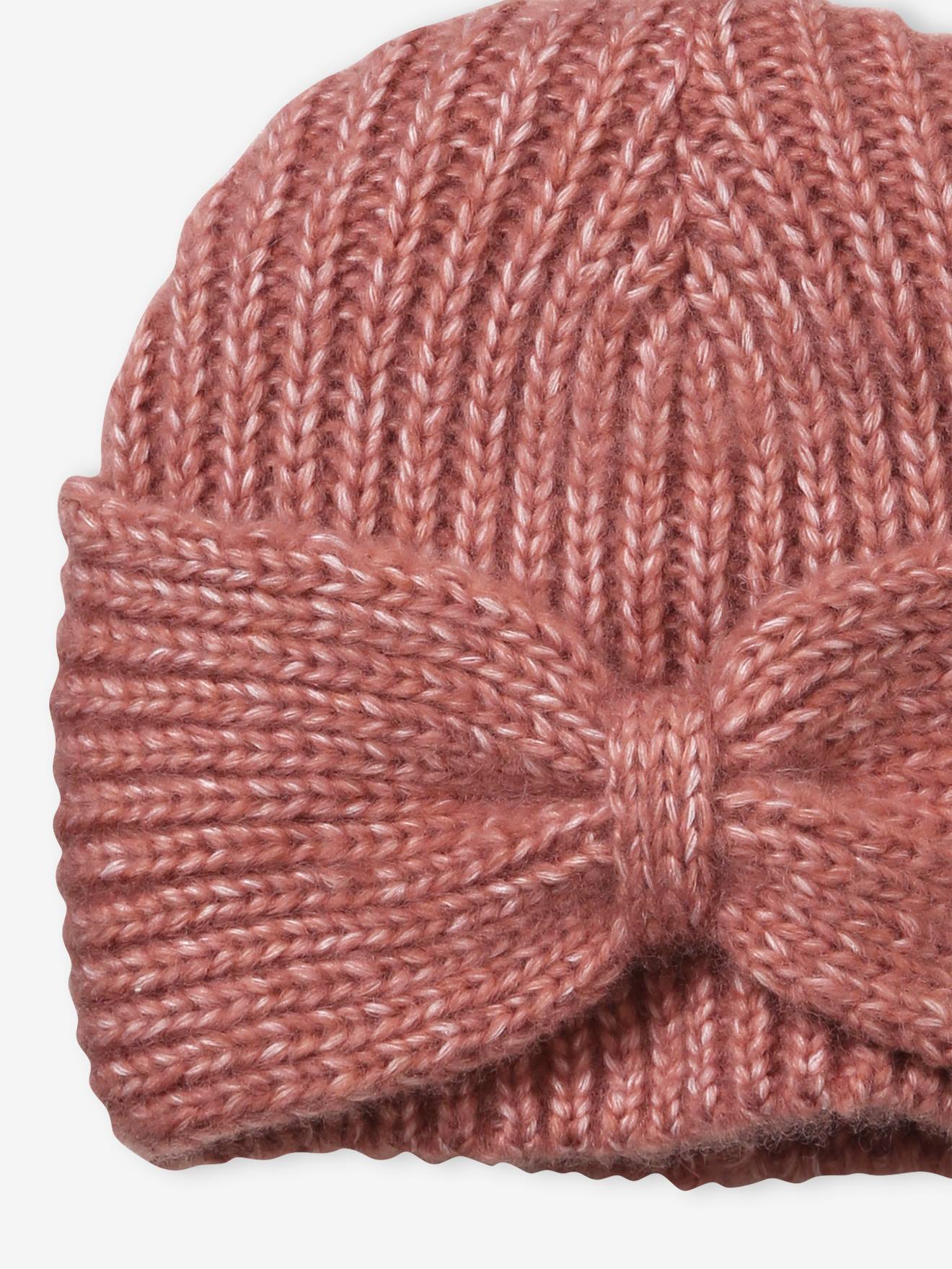 Bonnet fille en maille côtelée avec noeud fantaisie beige chiné