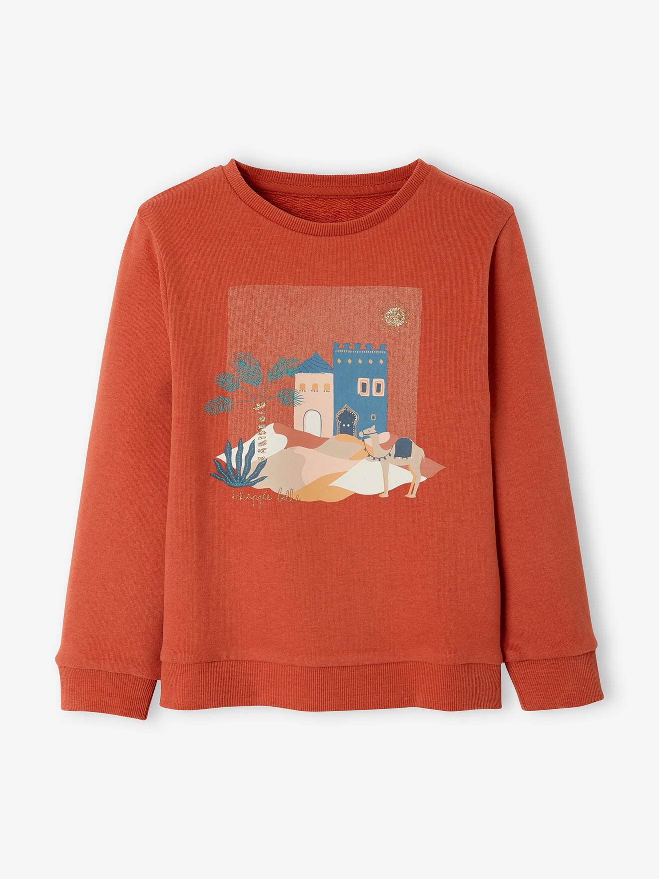 Sweat motif Maroc détails pailletés fille orange grisé