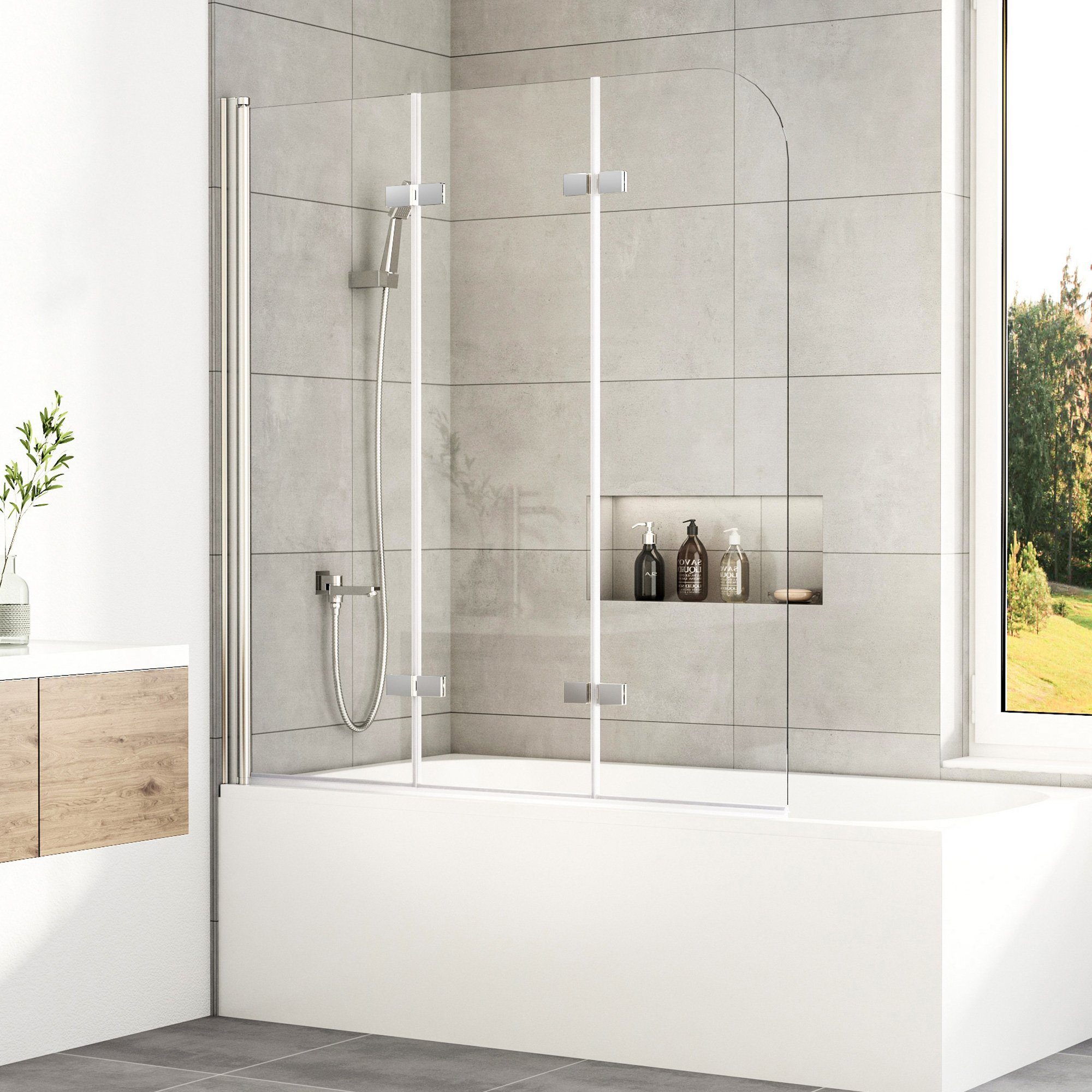 Boromal Badewannenaufsatz Duschwand für Badewanne Badewannenfaltwand 3-teilig faltbar mit NANO, Einscheibensicherheitsglas, Sicherheitsglas nach EN 12150, Easy-Clean Oberflächenbeschichtung