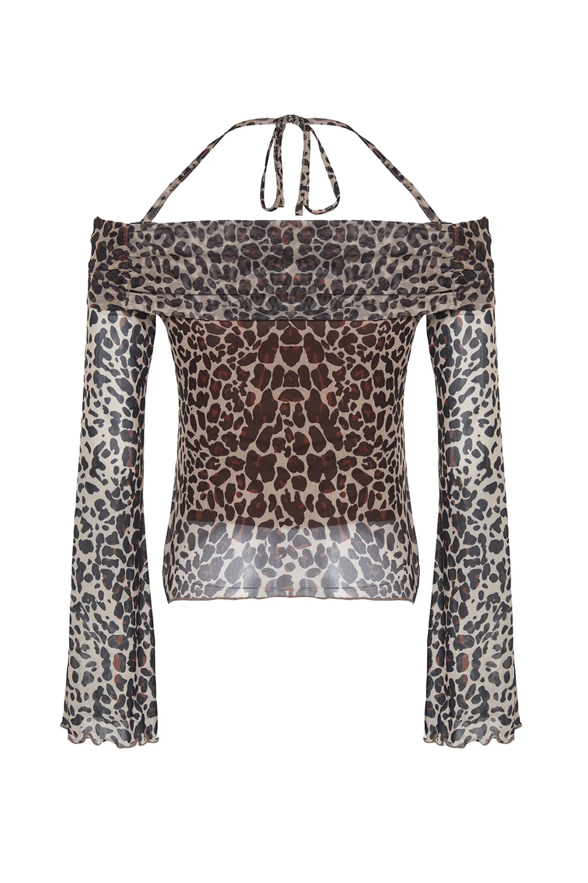 Trendyol Collection  Braune Strickbluse mit Tiermuster, ausgestellten Ärmeln und Bindedetail TWOSS24BZ00046