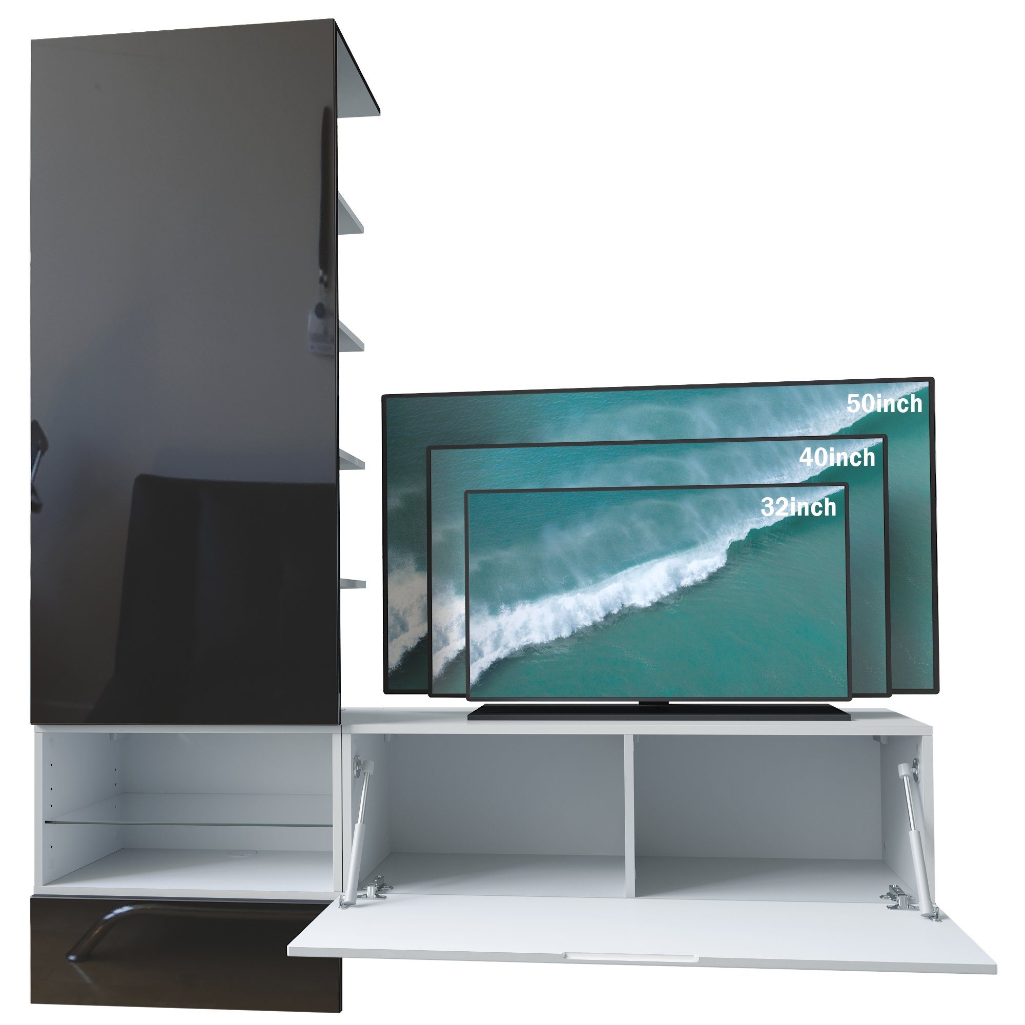 Vladon Wohnwand Manhattan, (Anbauwand bestehend aus 1 Paneel, 2-St., und 1 großen Klappenschrank), Weiß Matt/Weiß Hochglanz/Paneel in Eiche Nordic (165x182x37 cm)