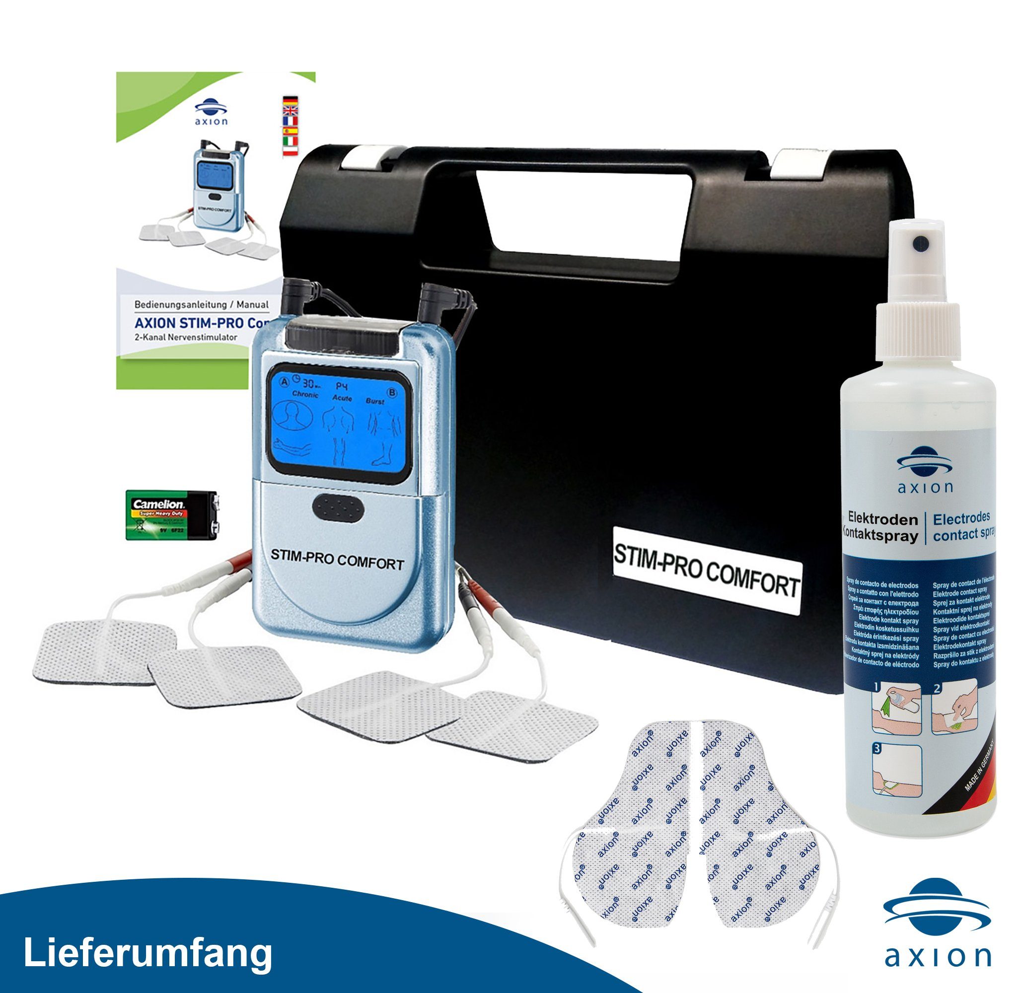 Axion TENS-Gerät STIM-PRO COMFORT mit 4 Elektroden zur Schmerztherapie, mit Reinigungsspray und Nackenelektrode, TENS Gerät gegen Schmerzen