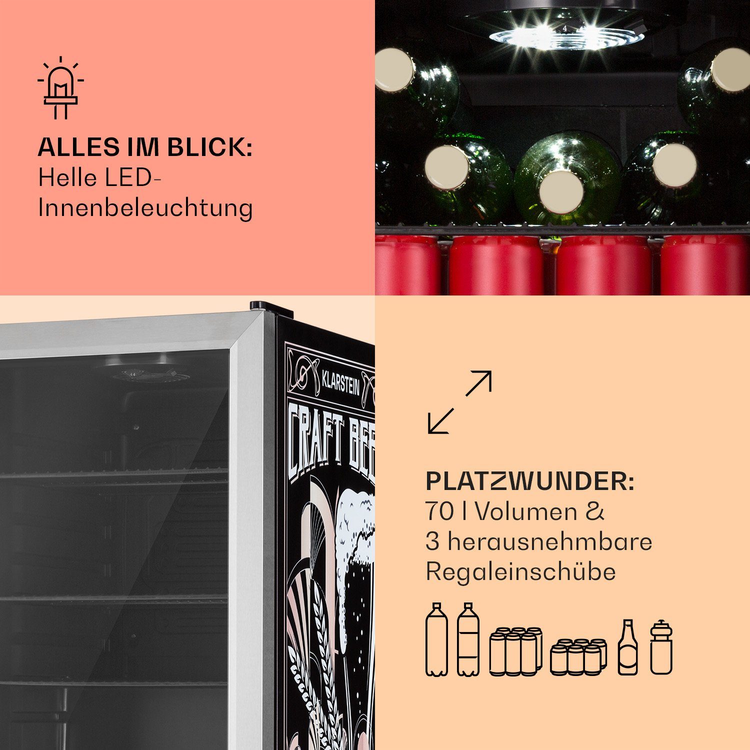 Klarstein Getränkekühlschrank HEA13-CraftBeer-SS 10041181, 67 cm hoch, 43 cm breit, Bierkühlschrank Getränkekühlschrank Flaschenkühlschrank mit Glastür