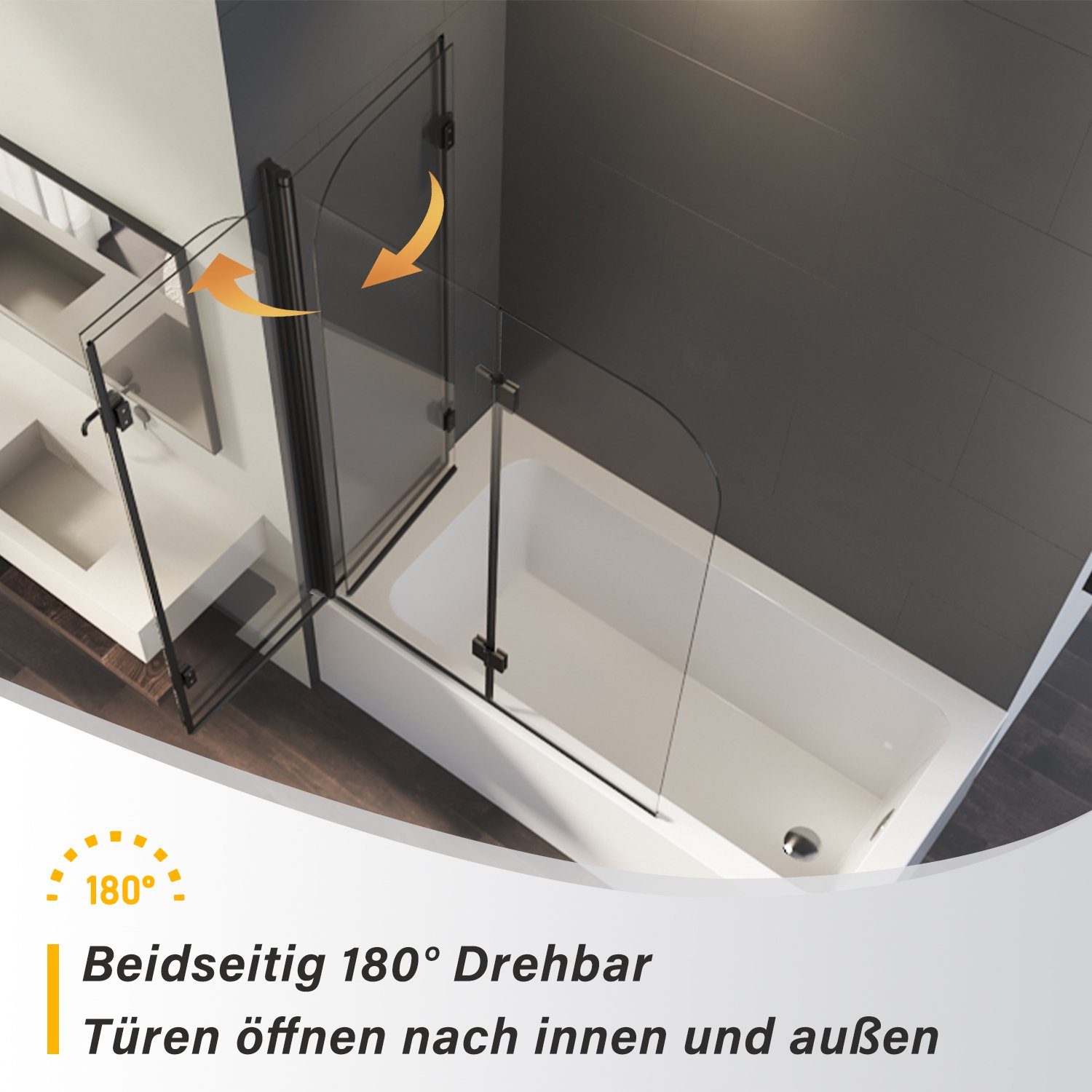Boromal Badewannenfaltwand Badewannenaufsatz 2 teilig 6mm ESG glas mit Nano 110cm Faltbar Schwarz, 6mm Einscheibensicherheitsglas, Aluminiumprofile, NANO