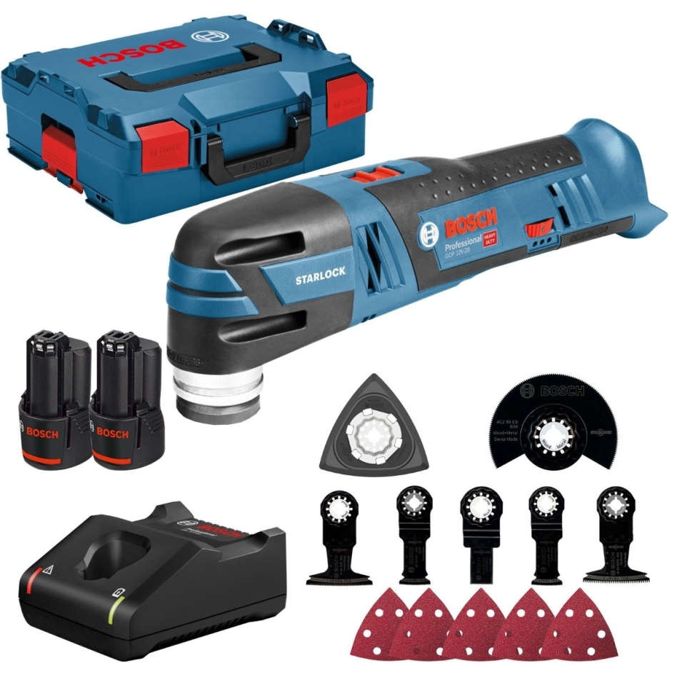 Outil multifonction sans fil Bosch Blue 06018B5006 GOP 12V-28, batterie Li-Ion 12 V 3,0 Ah + kit d'accessoires