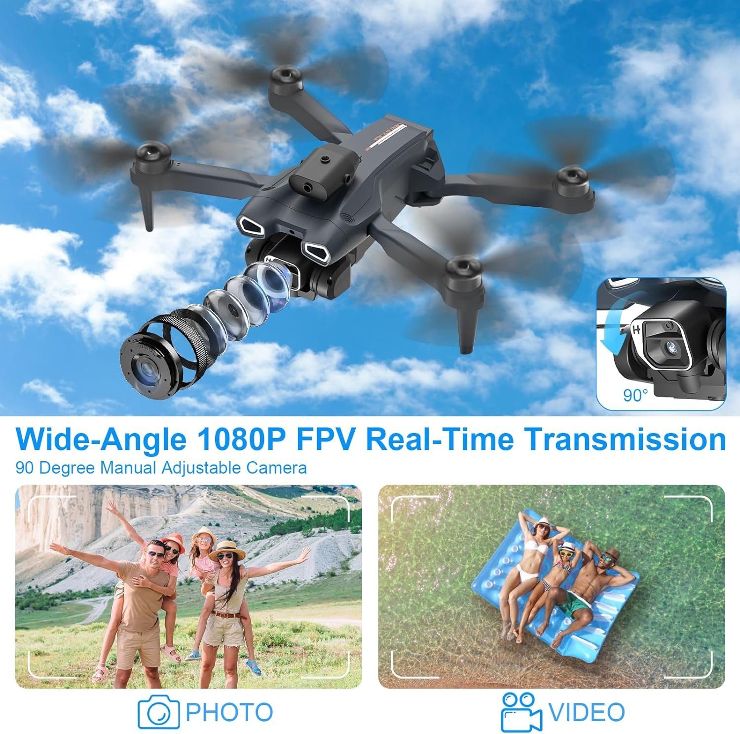 GuKKK Drohne (1080P, Verstellbarer mit 2 Batterien, RC WiFi FPV Übertragung für Anfänger)