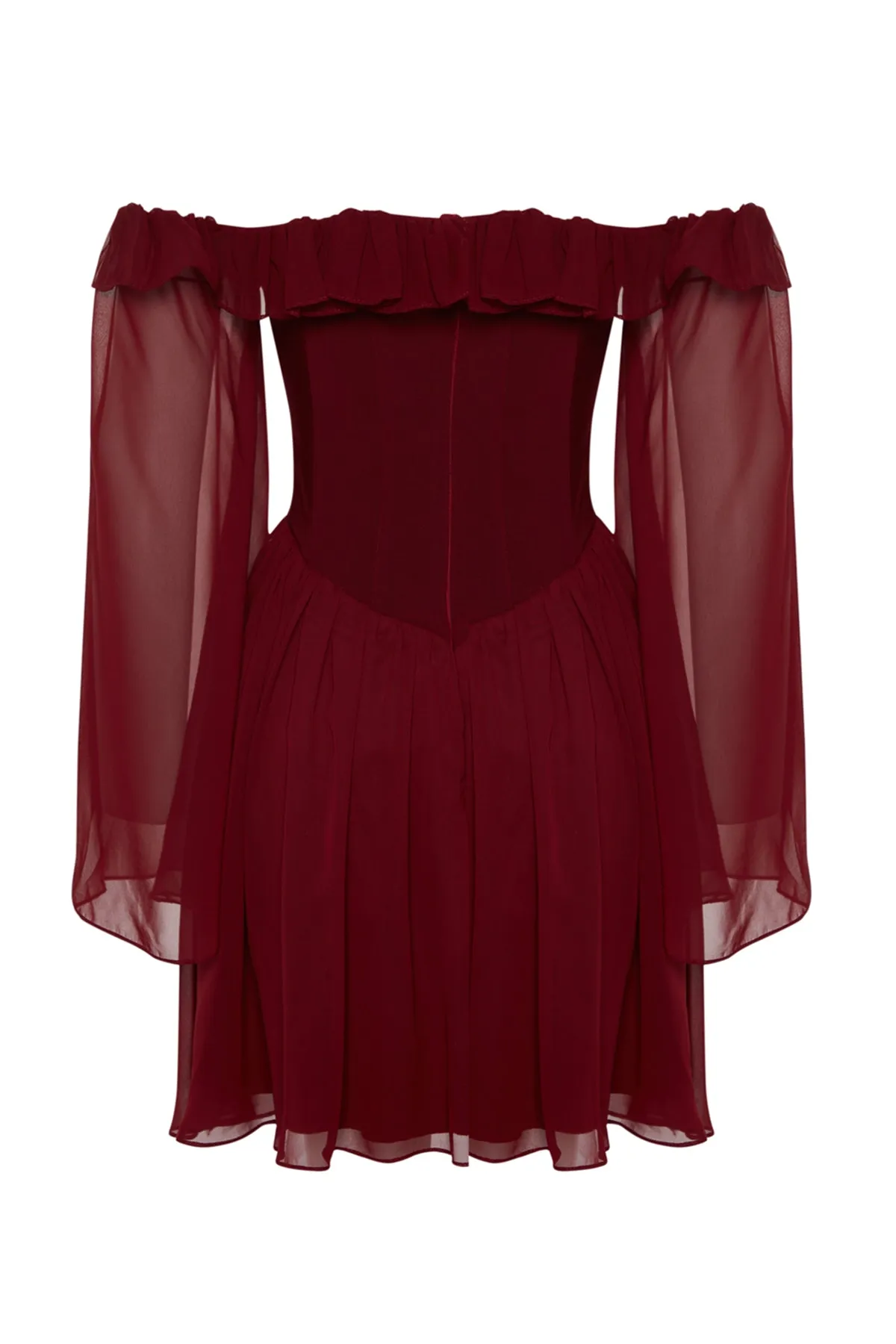 Trendyol Collection  Burgunderrotes elegantes Abendkleid aus Chiffon mit offener Taille/Skater-Futter und Rüschen TPRSS23EL00096