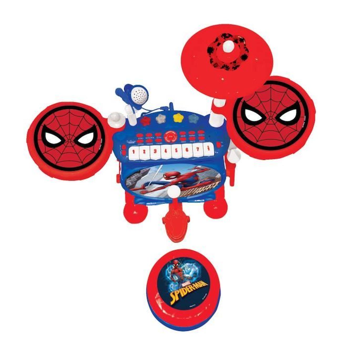 Batterie Electronique SpiderMan Lumineuse Complète avec clavier, cymbales et tabouret Spider-Man rouge