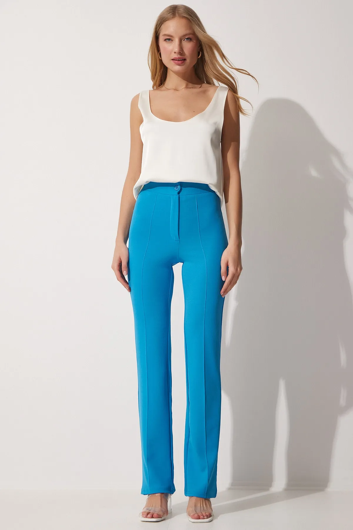 Happiness İstanbul  Blaue bequeme Strickhose aus Lycra mit hoher Taille für Damen RV00090