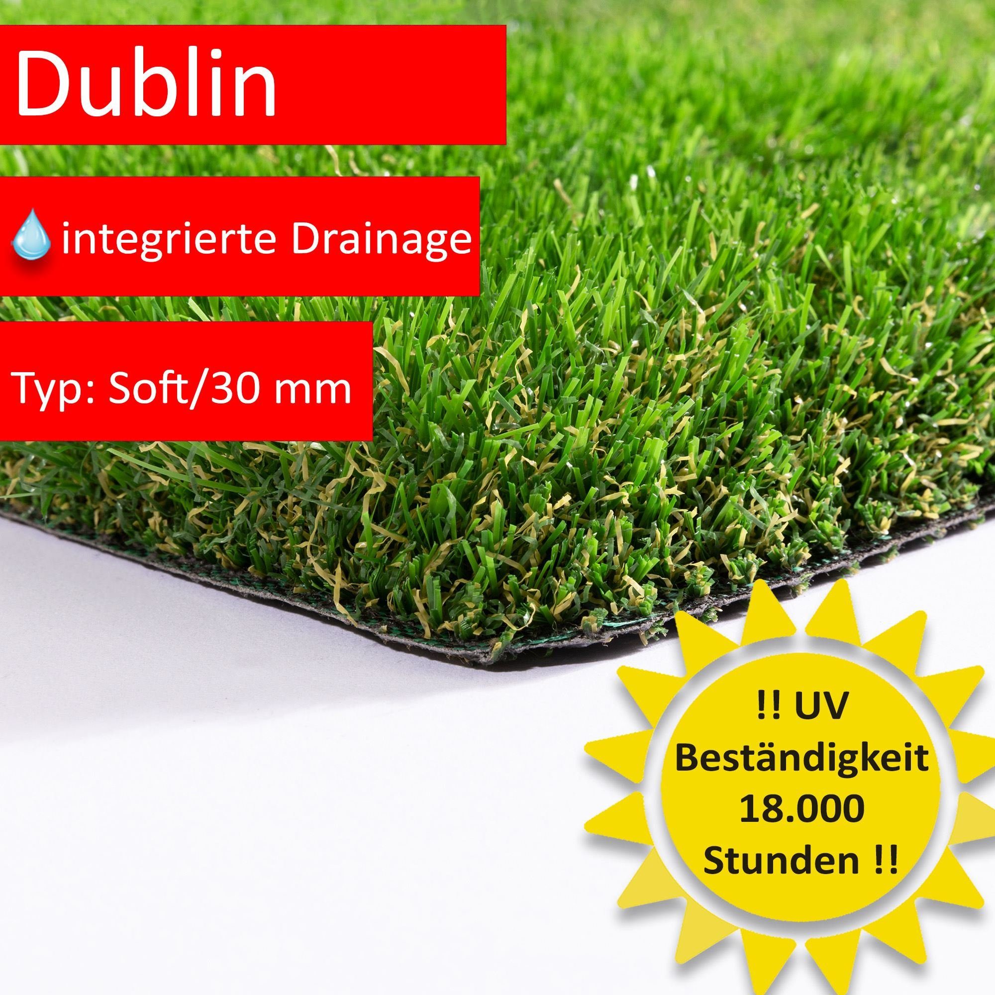 Kunstrasen Dublin, Steffensmeier, Rechteckig, 18.000 Sonnenstunden, Balkon, Garten, Höhe: ca. 30 mm, In- und Outdoor geeignet, Integrierte Drainage, Kunstrasen, pflegeleicht, strapazierfähig, Terrasse, UV-beständig, wasserfest