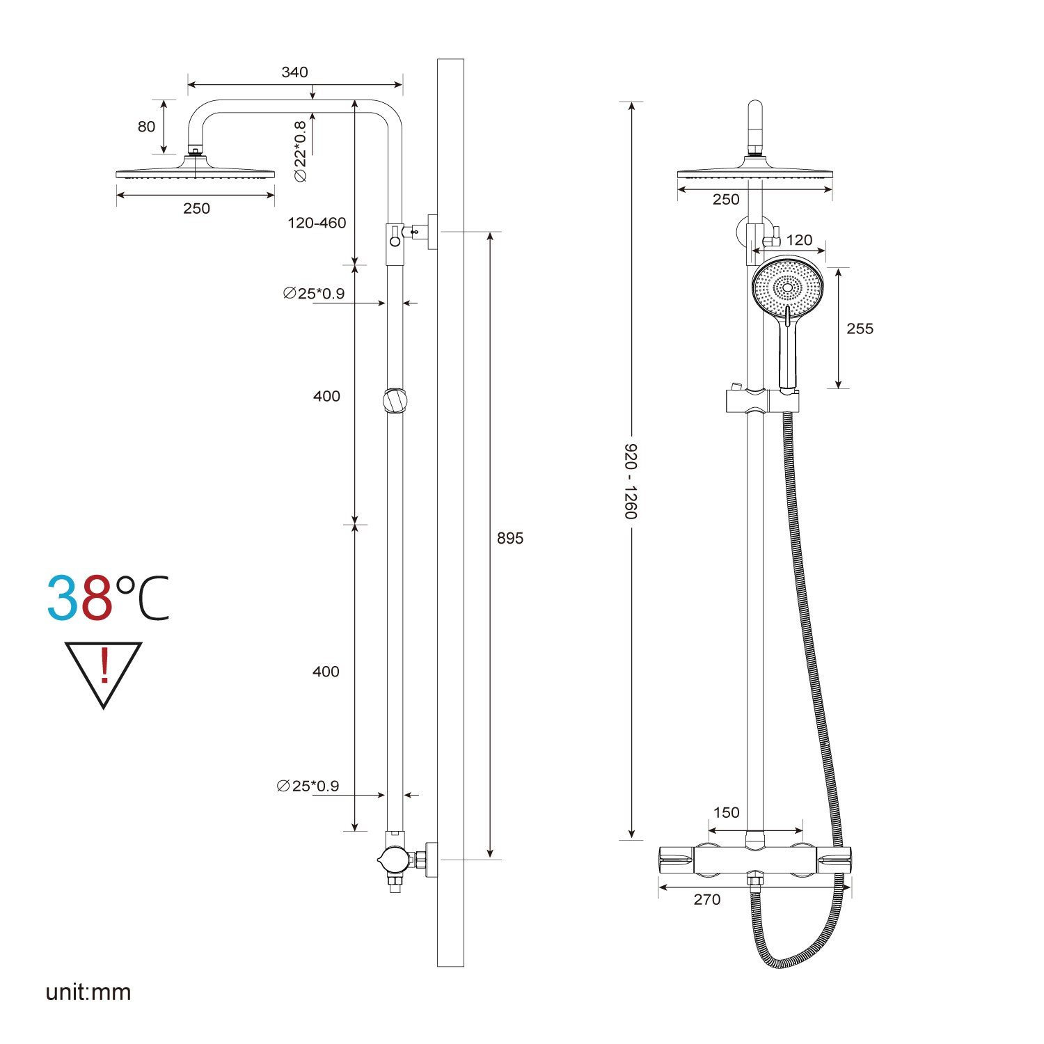 Rainsworth Duschsystem mit Thermostat, 3 Strahlart(en), 92-126 cm Duschstangen Edelstahl Duschamaturenset Wassersparend
