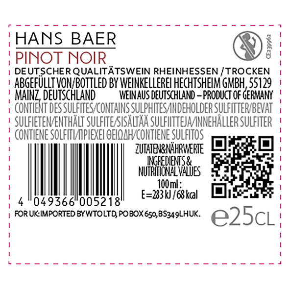 Spätburgunder Pinot Noir QbA, 12 Flaschen à 0,25 l
