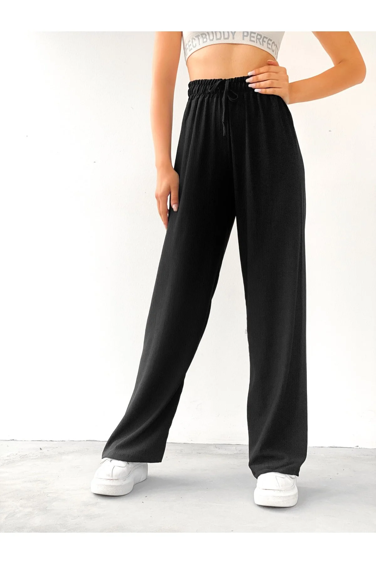 BEJNA  Schwarze Palazzo-Hose mit elastischem Bund für Damen