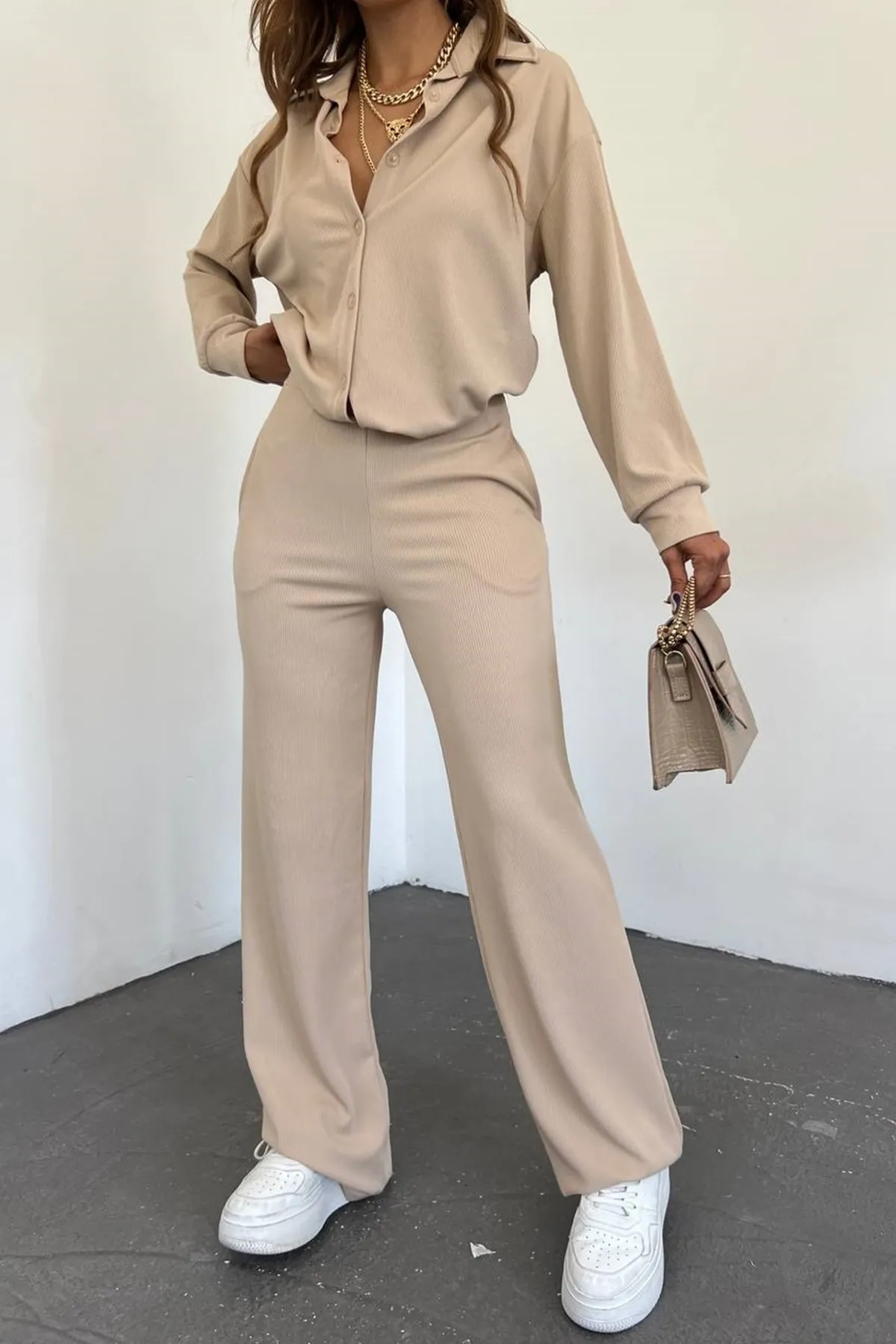 lovebox  Damen-Seersucker-Hemd und Hose im Oversize-Design, Beige, Doppelanzug 10786